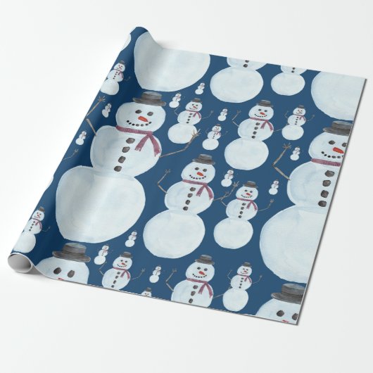 Cute Frosty Blue Snowman Waterverf Pattern Cadeaupapier (Uitgerold)