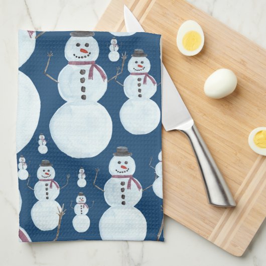 Cute Frosty Blue Snowman Waterverf Pattern Theedoek (Quarter Fold)