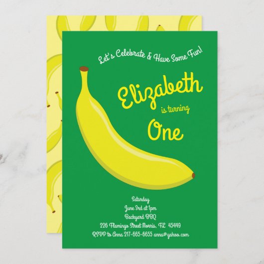 Cute Fruit Banana Kids 1e verjaardagsfeestje Kaart (Voorkant / Achterkant)
