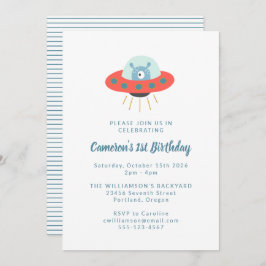 Cute Fun Alien Spaceship 1st Birthday Party Kaart