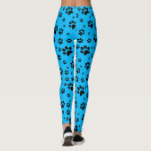 Cute Fun Black op Bright Sky Blue Paw-afdrukken Leggings (Achterkant)