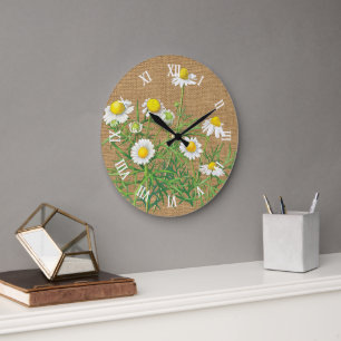 Cute Fun Chamomile Floral Faux Jute Burlap Grote Klok