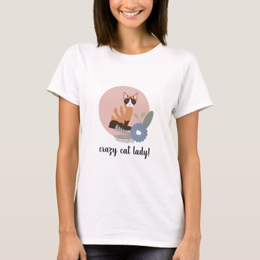 Cute Fun Crazy Cat Lady Tshirt - Roze Floral (Voorkant)