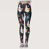 Cute Fun Marine Bleu Floral Poulet Hen Leggings (Devant)