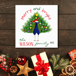 Cute Fun Merry and Bright Christmas Tree Peacock Feestdagenkaart