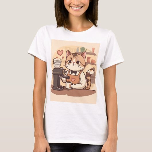 Cute Funny Barista Cat with Coffee T-shirt (Voorkant)