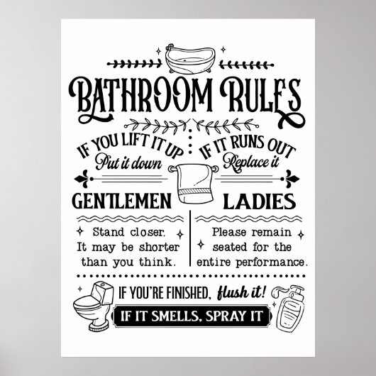Cute Funny Bathroom Rules Poster (Voorkant)