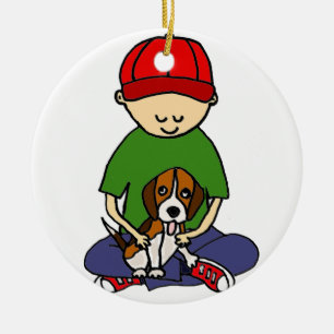 Cute Funny Boy met zijn Dog Cartoon Keramisch Ornament