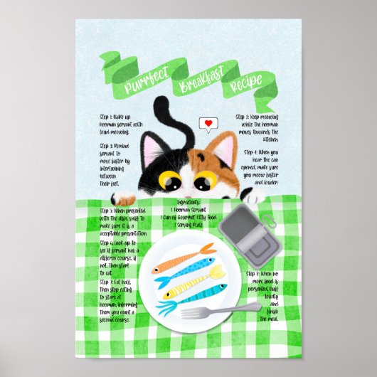 Cute Funny Calico Cat Breakfast Recipe Poster (Voorkant)