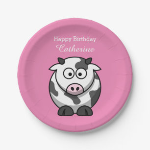 Cute Funny Cartoon Cow Pink Nose Custom Birthday Papieren Bordje