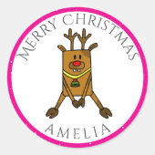 Cute Funny Deer Kerstmis Kind Name Gift Label (Voorkant)