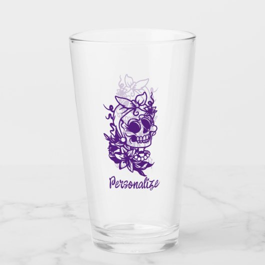Cute Funny Gothic Skull Flowers Paars personaliser Glas (Voorkant)