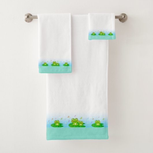 Cute Funny Happy Frogs sur Blanc & Turquoise (En situation)