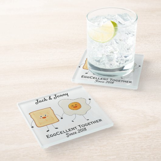 Cute Funny Happy Toast Eggcelent Samen Glazen Onderzetter (Schuin)