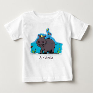 Cute funny hippopotamus with bird cartoon