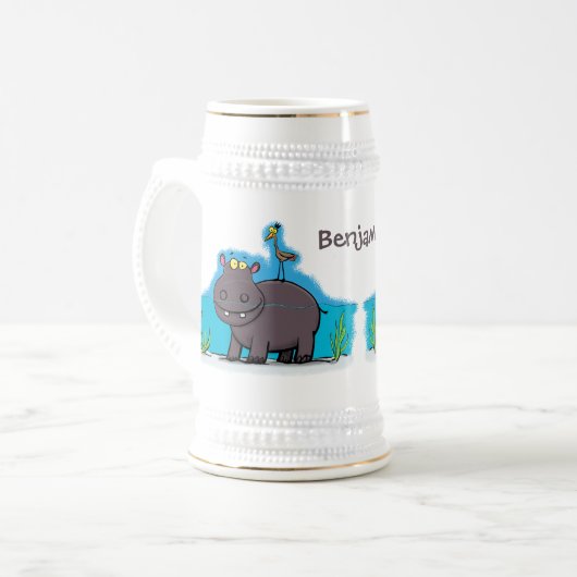 Cute funny hippopotamus with bird cartoon bierpul (Voorkant links)