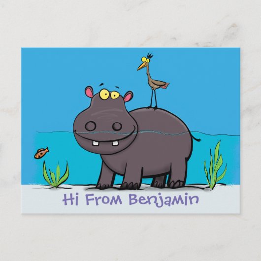 Cute funny hippopotamus with bird cartoon briefkaart (Voorkant)