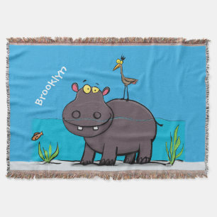 Cute funny hippopotamus with bird cartoon deken