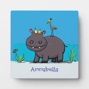 Cute funny hippopotamus with bird cartoon fotoplaat