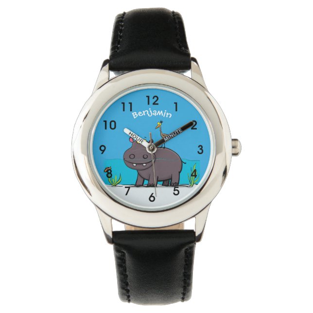 Cute funny hippopotamus with bird cartoon horloge (Voorkant)