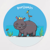 Cute funny hippopotamus with bird cartoon labels (Design 2)