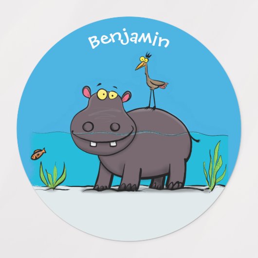 Cute funny hippopotamus with bird cartoon labels (Design 1)