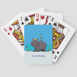 Cute funny hippopotamus with bird cartoon pokerkaarten