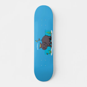 Cute funny hippopotamus with bird cartoon skateboard