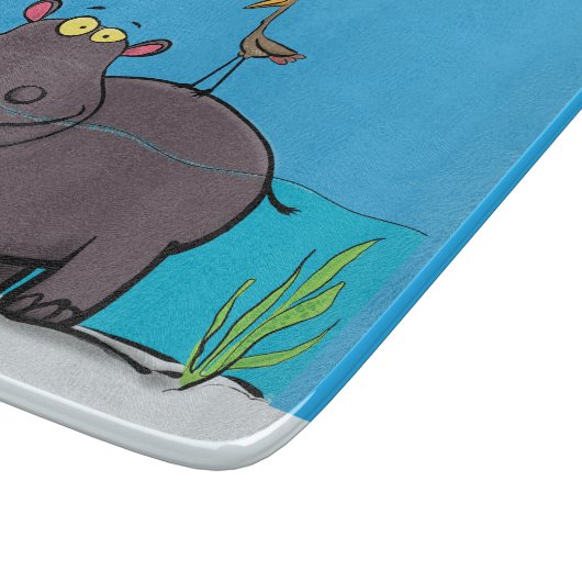 Cute funny hippopotamus with bird cartoon snijplank (Hoek)