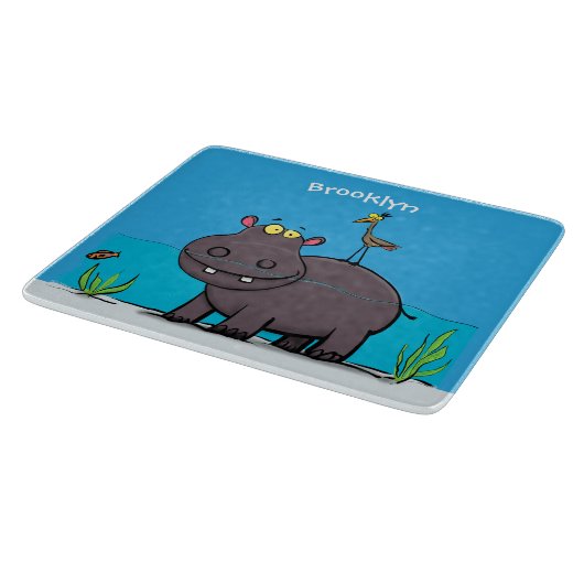 Cute funny hippopotamus with bird cartoon snijplank (Hoek)