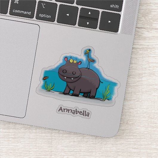 Cute funny hippopotamus with bird cartoon sticker (Detail)