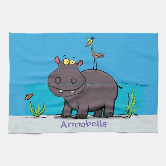 Cute funny hippopotamus with bird cartoon theedoek (Horizontaal)