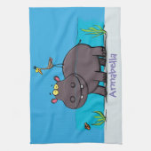 Cute funny hippopotamus with bird cartoon theedoek (Verticaal)