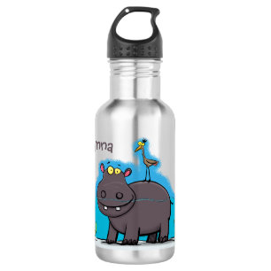 Cute funny hippopotamus with bird cartoon waterfles