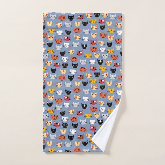 Cute Funny Kitty Cat Faces Pattern Blue Bad Handdoek (Handdoek)