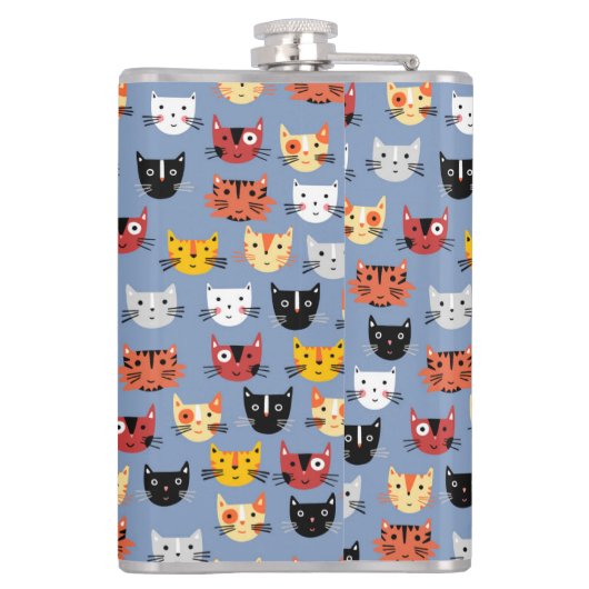 Cute Funny Kitty Cat Faces Pattern Blue Heupfles (Achterkant)