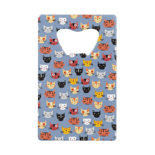 Cute Funny Kitty Cat Faces Pattern Blue Kredietkaart Flessenopener