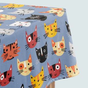 Cute Funny Kitty Cat Faces Pattern Blue Tafelkleed