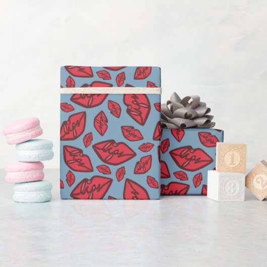 Cute Funny Lips Pattern Blue Cadeaupapier (Baby Shower)