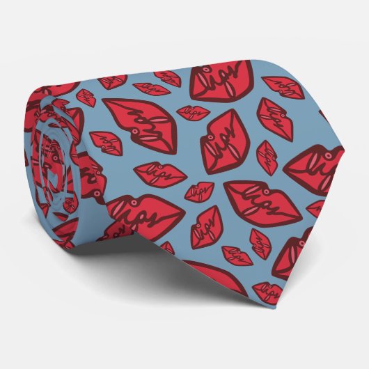 Cute Funny Lips Pattern Blue Stropdas (Opgerold)