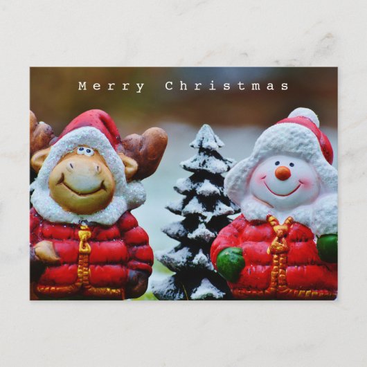 Cute Funny Moose en Snowman in de sneeuw Briefkaart (Voorkant)