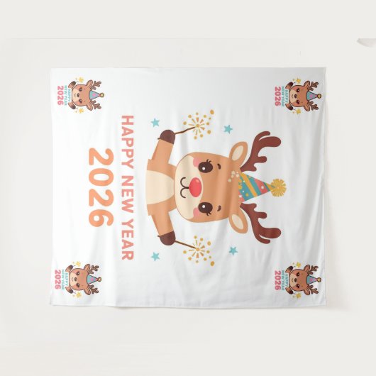 cute funny reindeer happy new year party backdrop wandkleed (Voorkant (horizontaal))