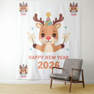 cute funny reindeer happy new year party backdrop wandkleed