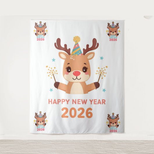 cute funny reindeer happy new year party backdrop wandkleed (Voorkant)