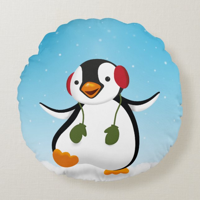 Cute Funny Winter Penguin Rond Kussen (Voorkant)