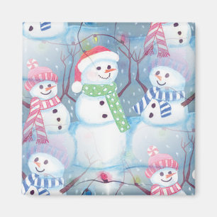 Cute Funny Winter Season Snowmen Waterverf Art Magneet