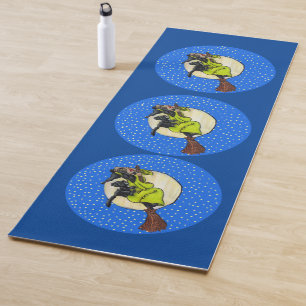 Cute Funny Witch Black Cat Flying on Broom Moon Yogamat