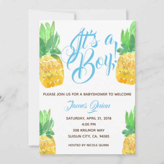 Cute garçon ananas baby shower tropical invitation (Devant)