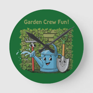 Cute Garden Crew Fun! Tuingereedschap in cartoonst Ronde Klok