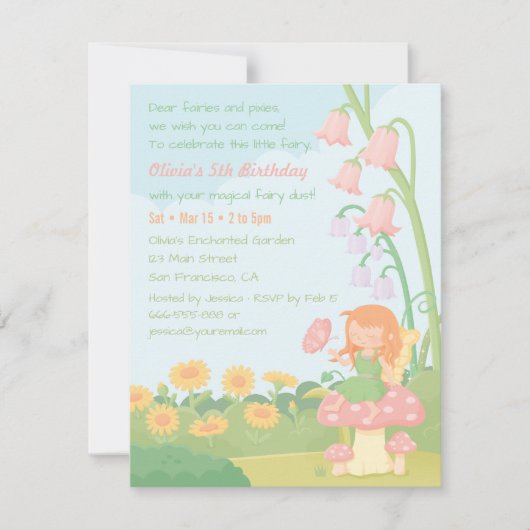 Cute Garden Fairy Girl Birthday Party Invitations (Devant)